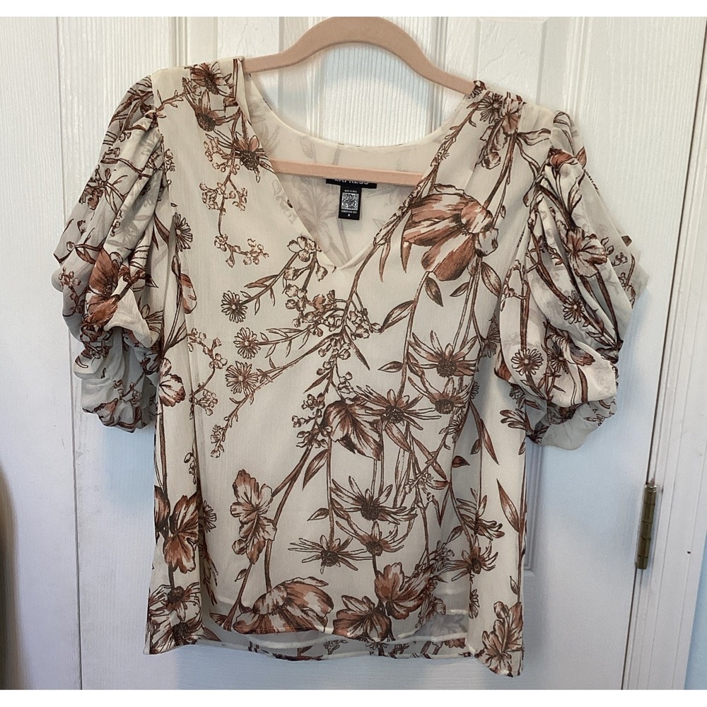 Express Conscious Edit Floral Puffy Sleeve Blouse Cream Brown V-Neck Medium